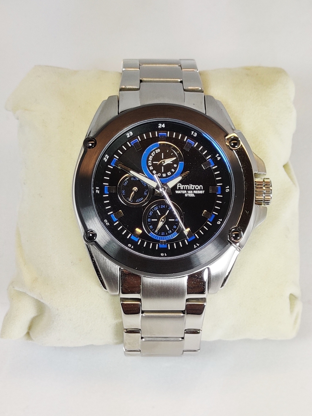 Armitron Men's Silver Stainless Steel Watch with Black and Blue Dial